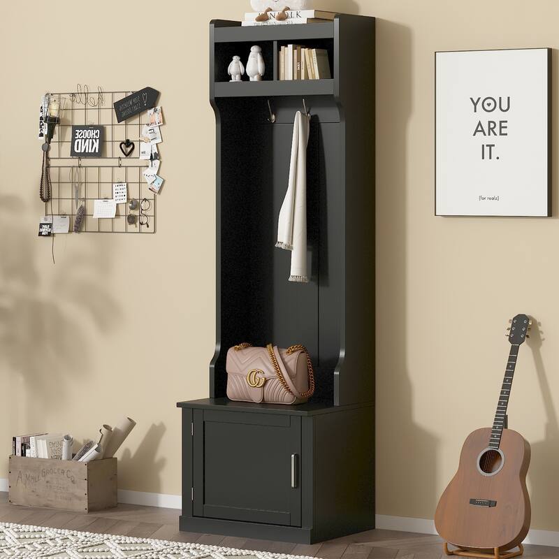 Multi-functional Wood Coat Rack with Cabinet and 6 Hanging Hooks - Black