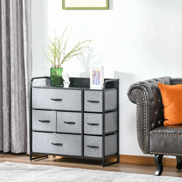 HOMCOM 7-Drawer Dresser, Fabric Chest of Drawers, 3-Tier Storage Organizer  for Bedroom Entryway, Tower Unit with Steel Frame Wooden Top, Light gray