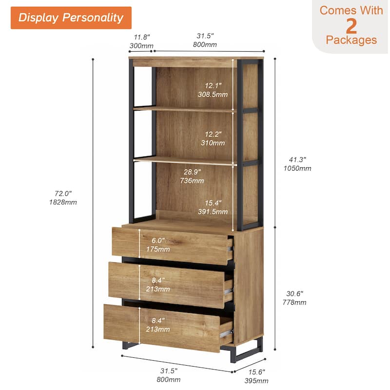 WAMPAT Modern 72" Tall Bookcase with Drawers and Open Book Shelfs, Library Book Shelf for Home Office, Living Room