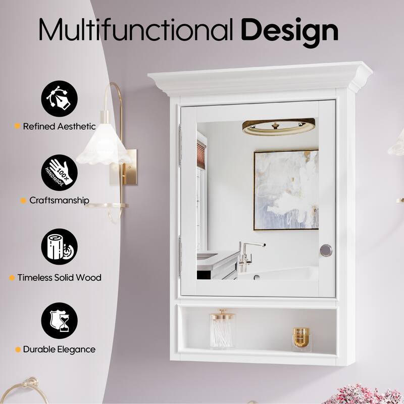 24"W X32''H Surface Mount Solid Wood Framed Medicine Cabinet With Bottom Shelf