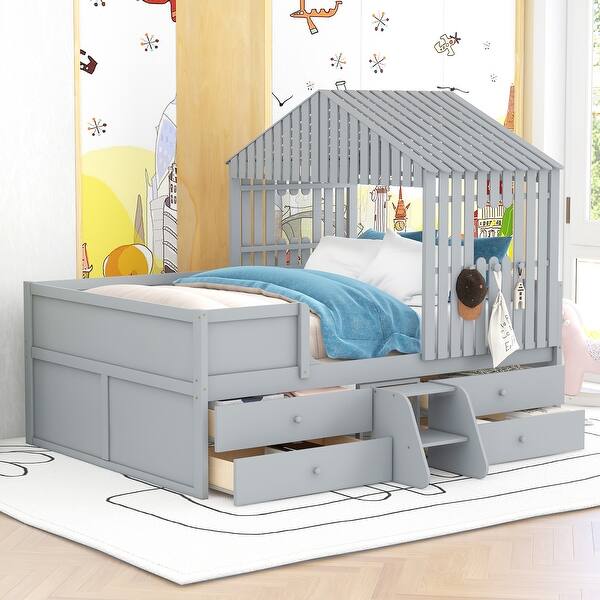 slide 2 of 17, Full Size House Low Loft Bed with 4 Storage Drawers, Sturdy Pine Wood Bedframe with Full-Length Guardrails for Kids Bedroom Gray