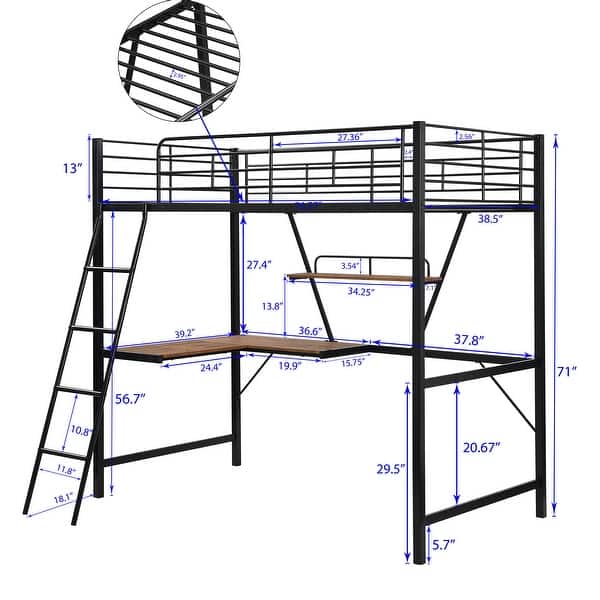 dimension image slide 1 of 2, Twin Size Metal Loft Bed with L-Shaped Desk & Shelf & Full-Length Guardrail & Ladders