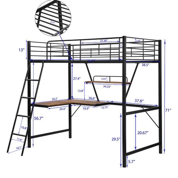 dimension image slide 1 of 2, Modern Metal Twin Size Loft Bed with Full Length Guardrails, Inclined Ladder, L-shaped Desk and Shelf