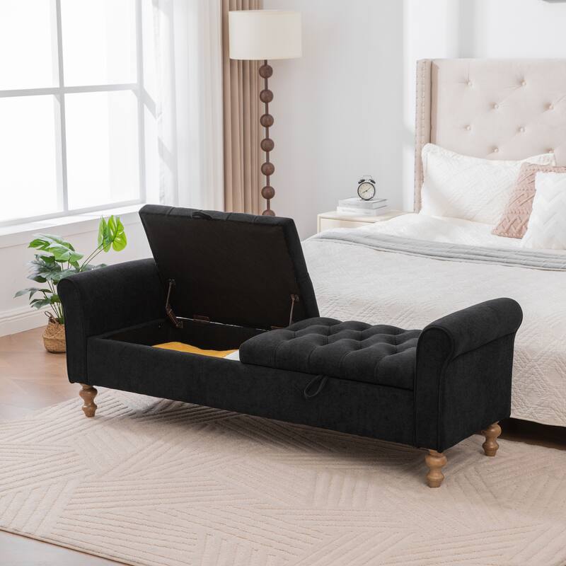 65.7"W Tufted Upholstered Storage Bench With Double Lids,Rubberwood Legs