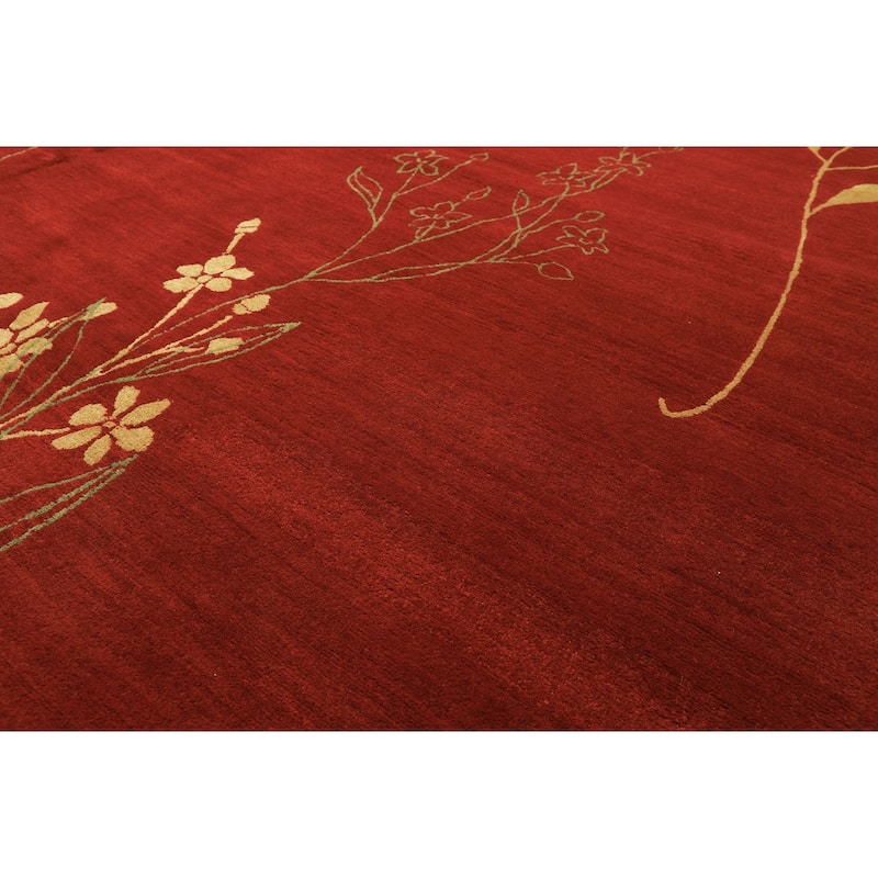 8x10 Hand Knotted Wool & Silk Red Transitional Floral Tibetan Rug - 8' x 10'