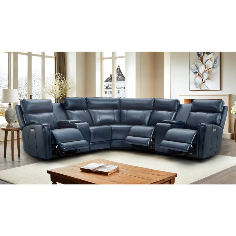 7PCS, 3 Power Recliners, Leather Reclining Sectional with Power Headrest, USB Port & USB-C Port - Blue