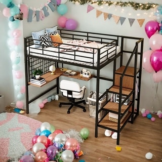 Full Size Loft Bed With Desk,Lateral Storage Ladder and Wardrobe for Home