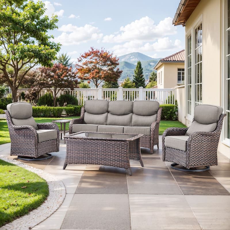Pocassy Outdoor Patio Furniture Sofa Swivel Chairs Sets - Brown Wicker Grey Cushion - Sofa Swivel Chair with Table Set of 5