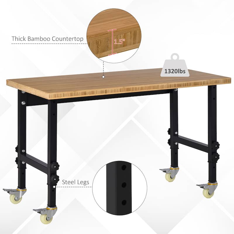 HOMCOM 47" Mobile Project Workbench Station with Height Adjustable Legs and Bamboo Tabletop, Black/Natural