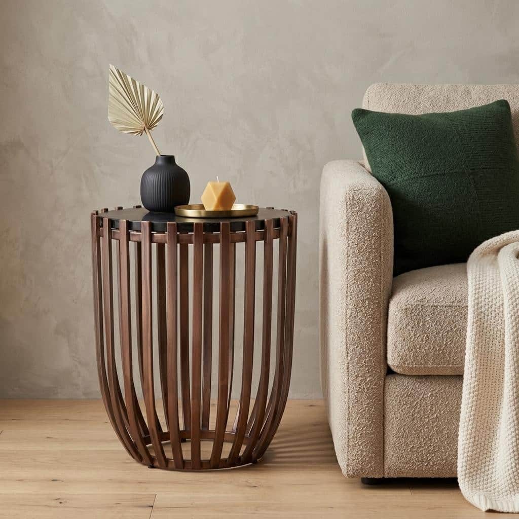 HomeRoots 22" Black and Bronze Glass and Iron Circular Drum End Table - 19.00 in. x 22.00 in. x 19.00 in.