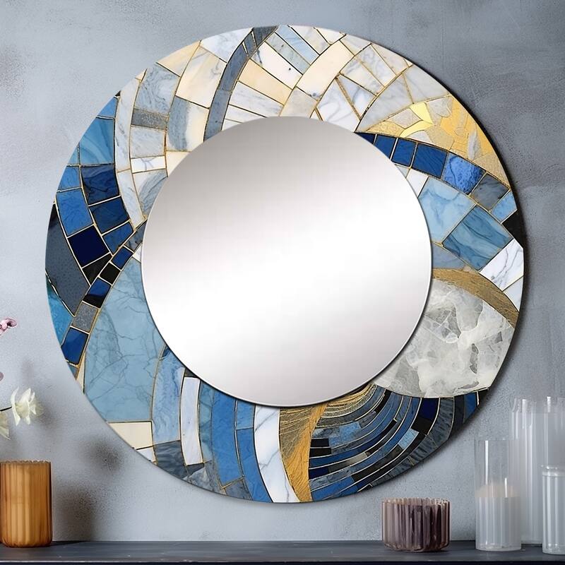 Designart "Gold Constructing Blue Realms I" Abstract Shapes Round Mirror - Modern Blue Living Room Mirror