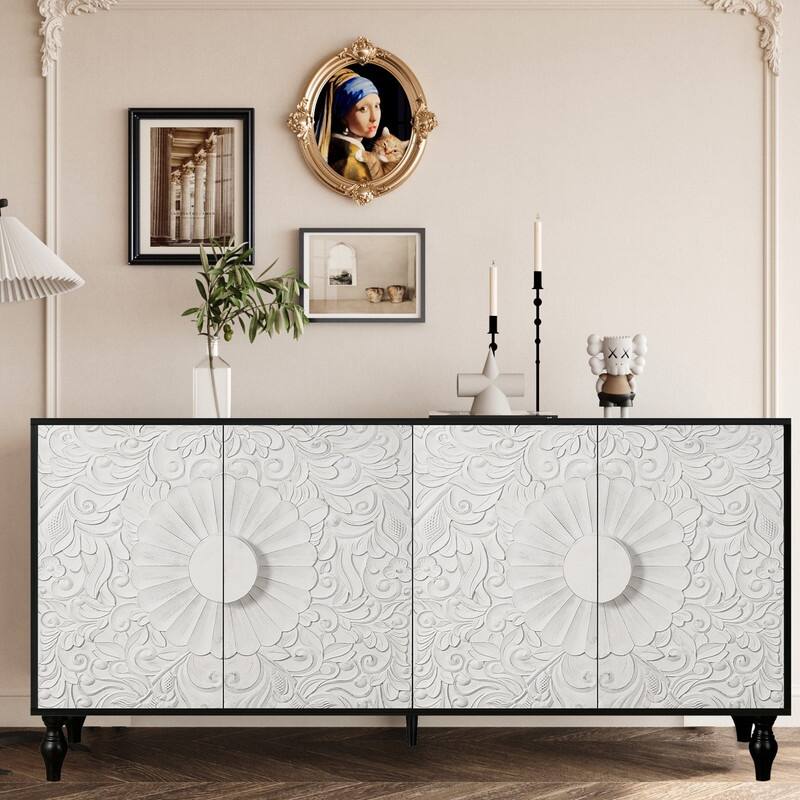 Sideboard Storage Cabinet with Carved Flower Door Handle,Antique Console Table