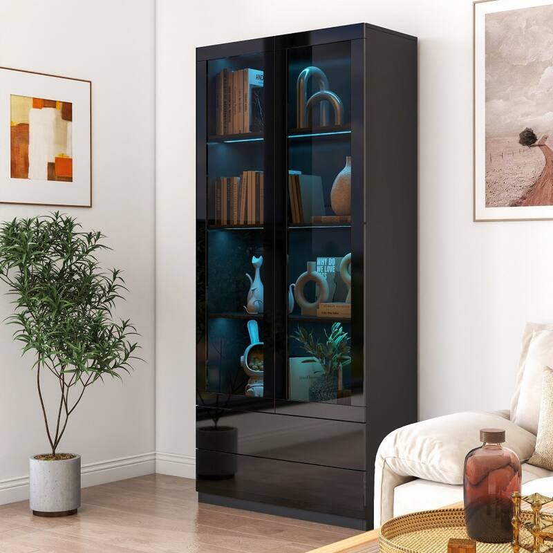 Wooden Bookcase Storage Display Cabinet with Shelves and Drawers, LED Lights