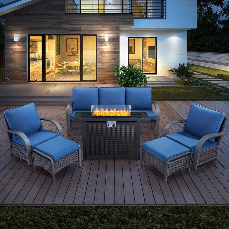 Outdoor Sofa Chair with Fire Pit Table Set - Brown Rattan - Blue Cushion - 6PCS Sofa Swivel Chair Ottoman with Fire Table