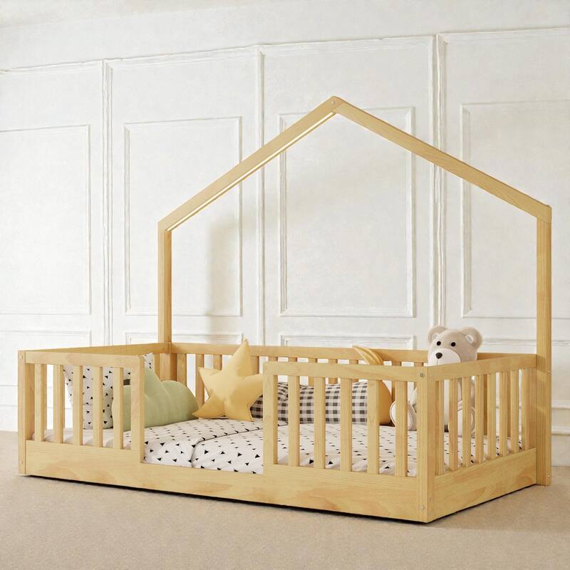 Wood Floor Bed with High Guardrails and LED Light, Montessori Style Low Profile Bed for Kids