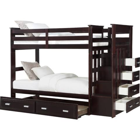 Classic Wood Twin Bunk Bed with Trundle, Storage Ladder, 5 Drawers, Brown
