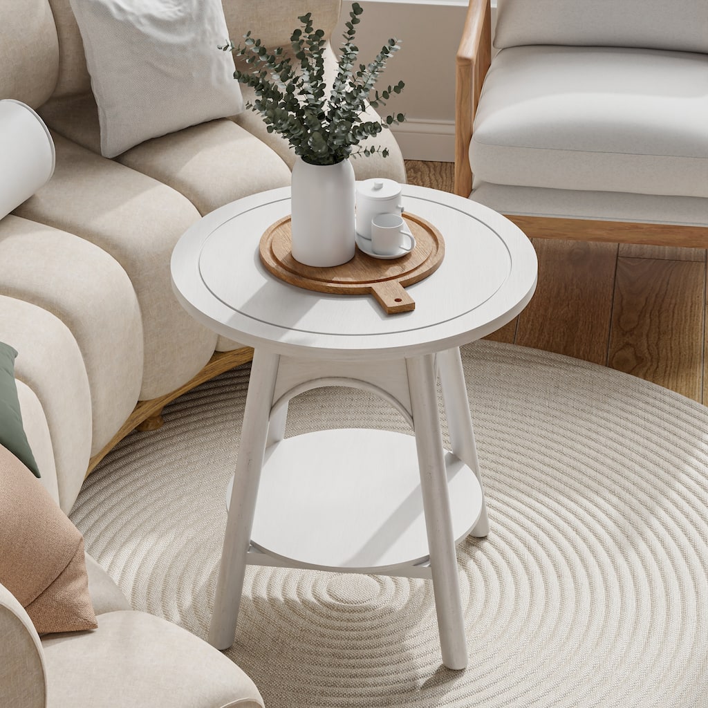 COZAYH Modern Distressed White Round End Table with Lower Shelf, Farmhouse Side Table for bedroom, living room, or office