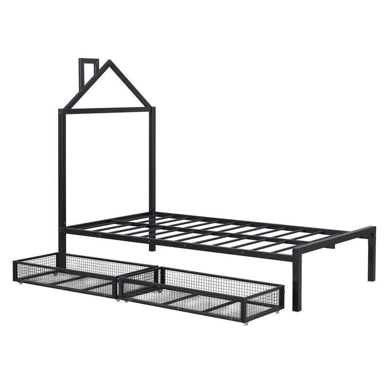 House-Themed Metal Twin Platform Bed with Storage Drawers, Sturdy Frame.