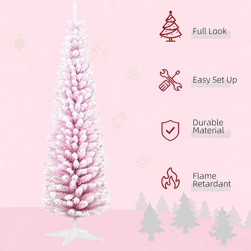Snow Flocked Artificial Christmas Tree,Decorated Christmas Tree,with Pencil Shape, Realistic Branches - Pink