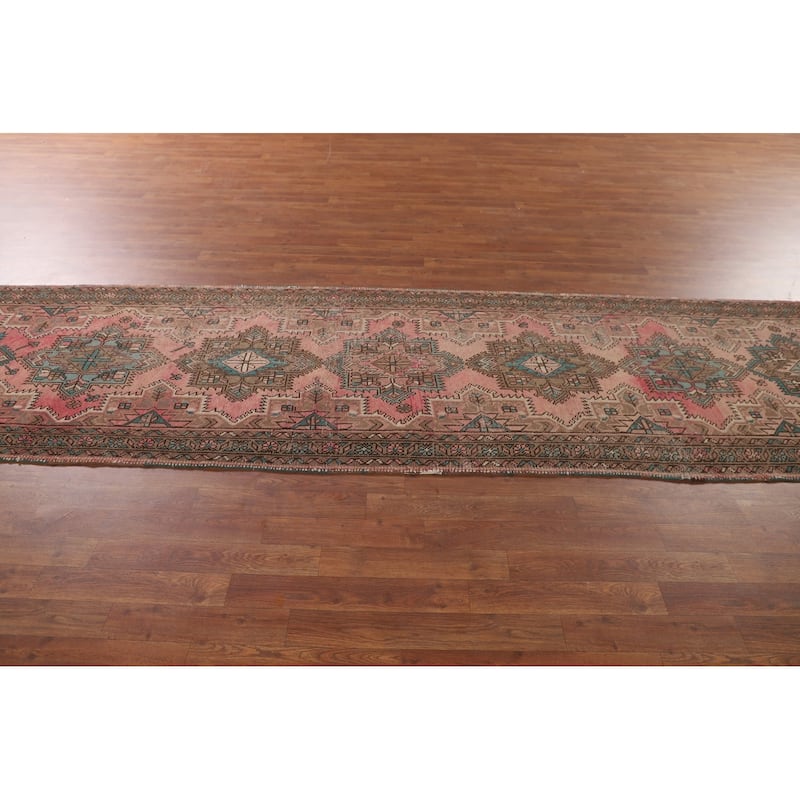 Pink Geometric Tabriz Persian Vintage Runner Rug Handmade Wool Carpet - 3'3"x 12'5"