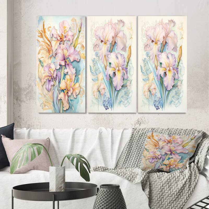 Designart "Purple Iris Flower In Vintage Pastel Tones V" Irises Wall Art Traditional Printed Art Set Of 3 For Bedroom