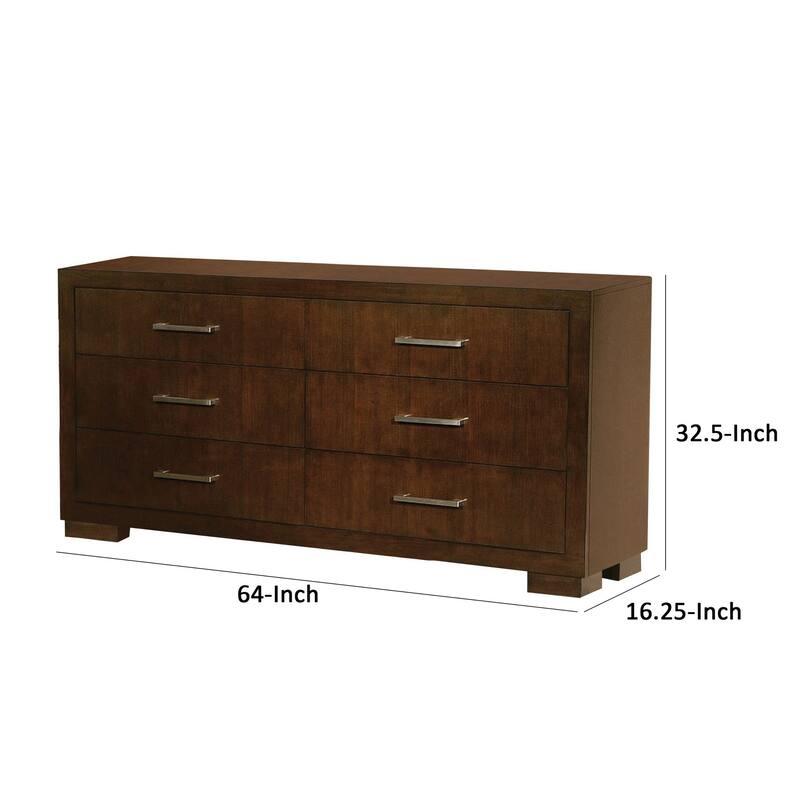 Bela 64 Inch Wide 6 Drawer Dresser, Felt Lined, Silver Handles, Dark Brown