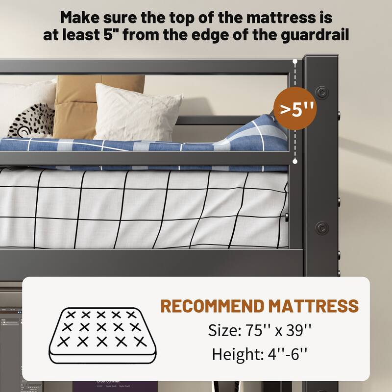Twin Metal Loft Bed with L-Shaped Desk, Charging Station, Safety Guardrails, and Ladder