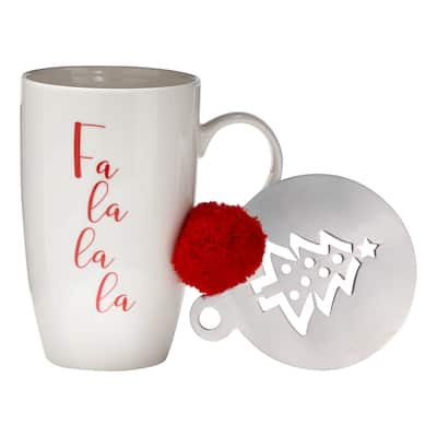 Fa La La La Mug & Stencil Set - 18oz Bone China Christmas Drinkware - Dishwasher Safe - White Multi