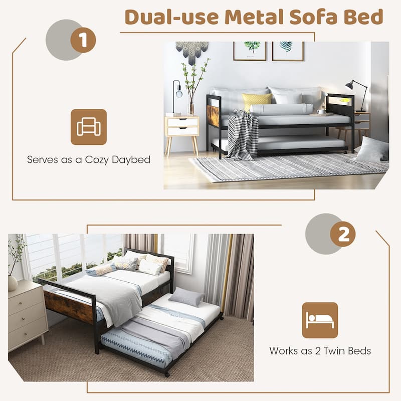 Costway Twin Metal Daybed with Trundle Lockable Wheels Heavy Duty