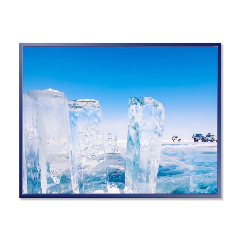 Designart "Blue Ice and Off road Cars" Landscape Artwork Print on Framed Canvas
