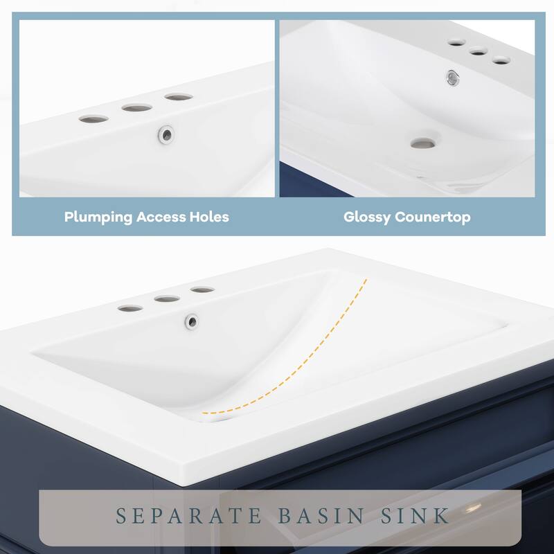 Modern 30" Bathroom Vanity with Ceramic Sink, 2 Drawers & Tip-Out Drawer for Bathroom Storage