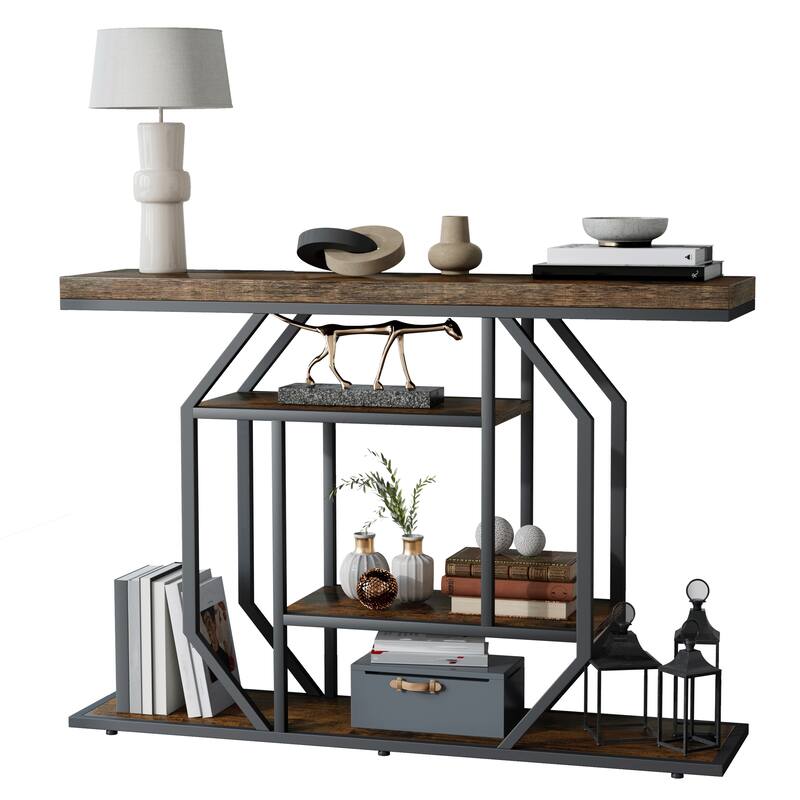 Console Table Industrial 4-Tier Entryway Table Narrow Wood Accent Tables with Storage Shelves for Living Room, Hallway, Foyer