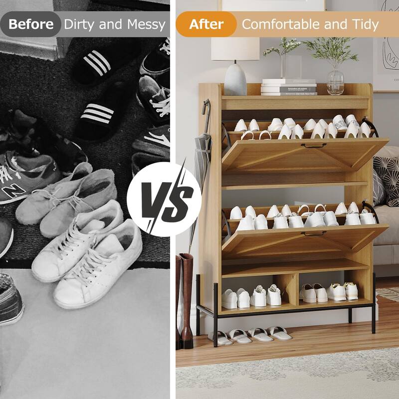 Shoe Cabinet with 2 Flip-Up Drawers, Hidden Shoe Storage Cabinet with Open Storage for Entryway, Hallway, Bedroom