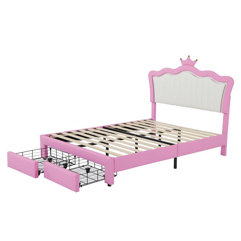 Full Size Upholstered Bed Frame with LED Lights, Crown Headboard, 2 Drawers, Pink+White