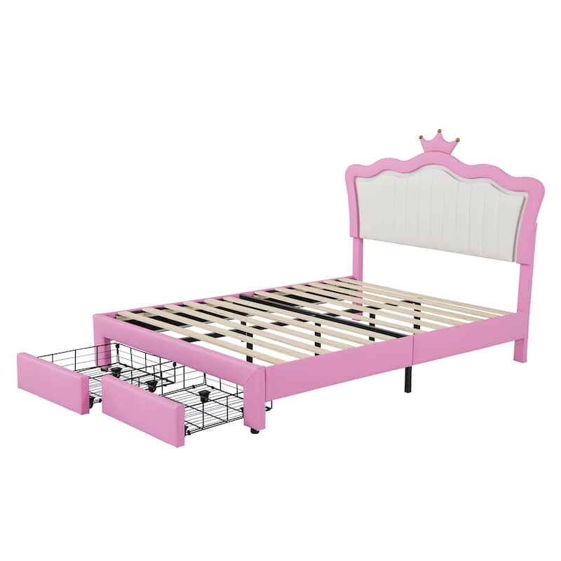 Upholstered Bed Frame with LED Lights and 2 Drawers