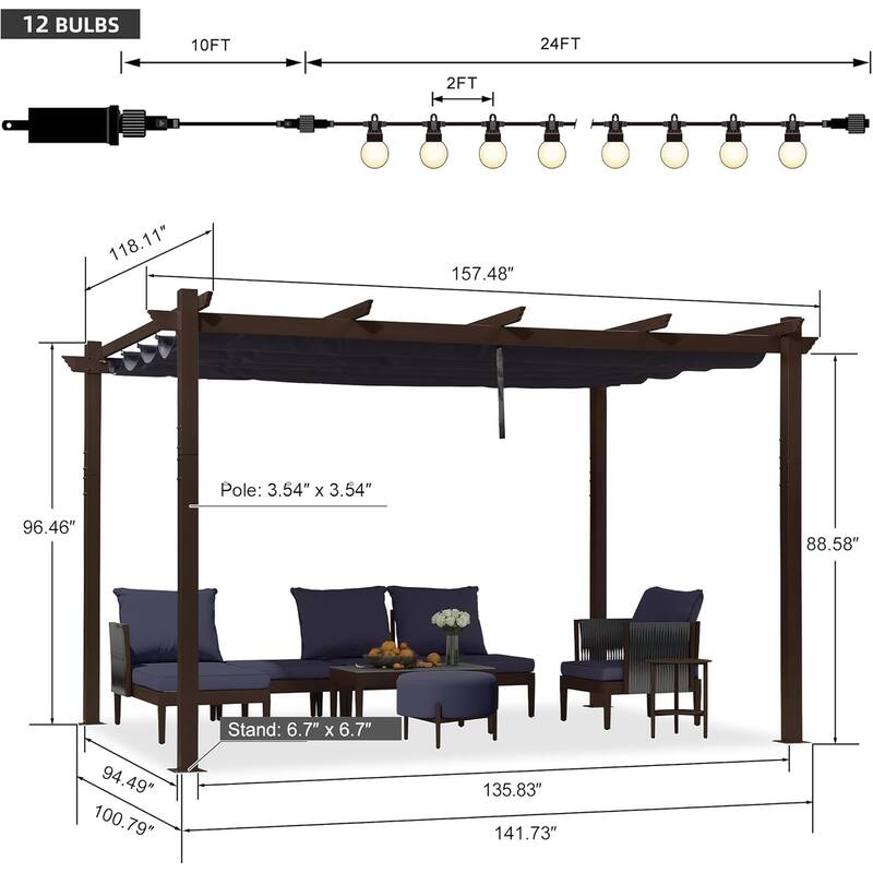 PURPLE LEAF Outdoor Retractable Bronze Metal Pergola w Canopy for Beach Deck Gazebo