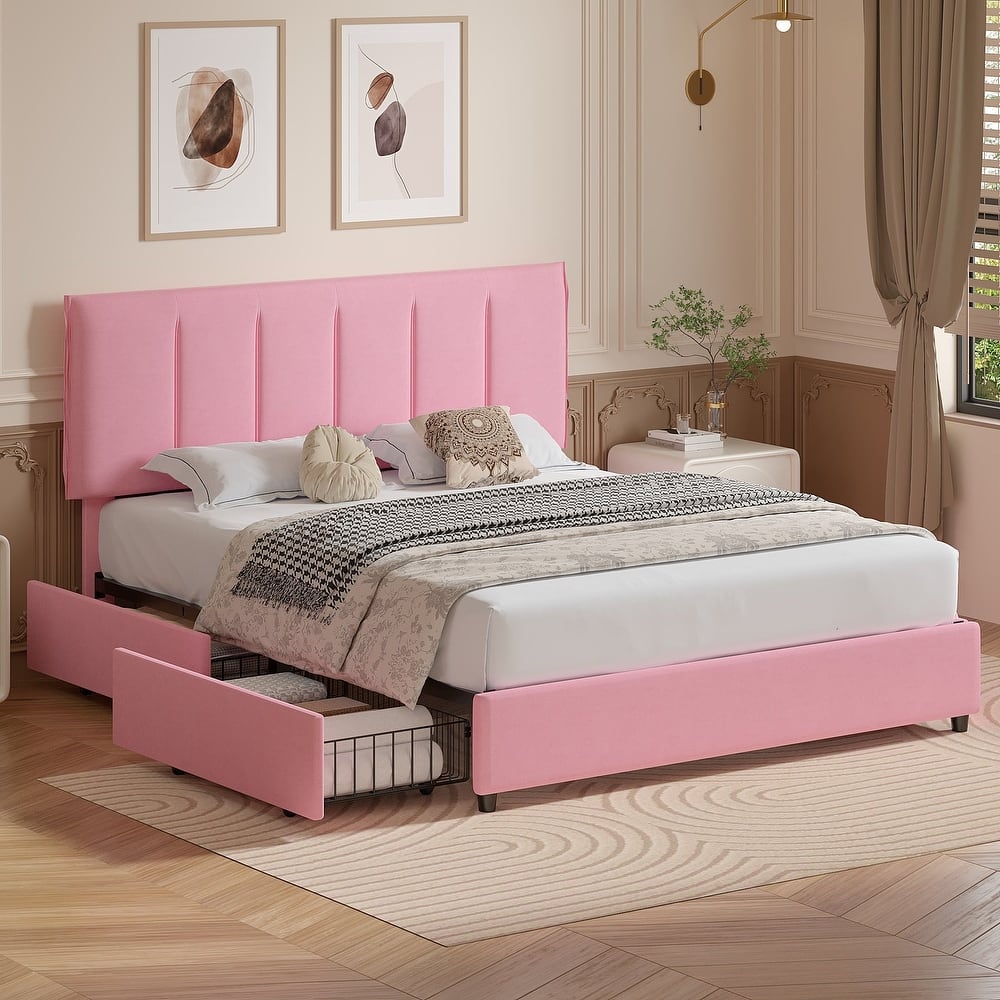 VECELO Bed Frame with 4 Storage Drawers, Upholstered Platform Bed Frame with Adjustable Headboard