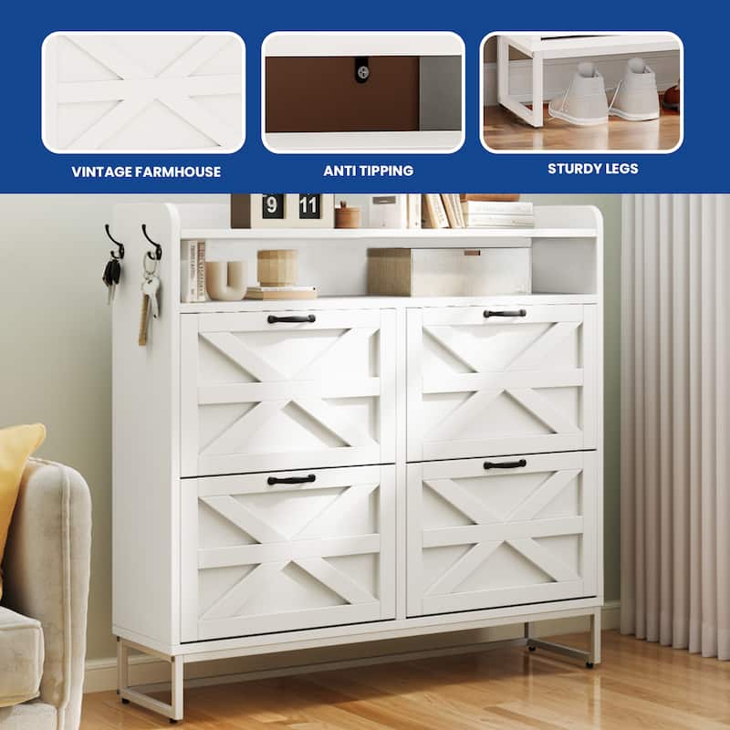 Moasis 24 Pairs Farmhouse Shoe Storage Cabinet 4 Flip Drawers Shoe Organizer