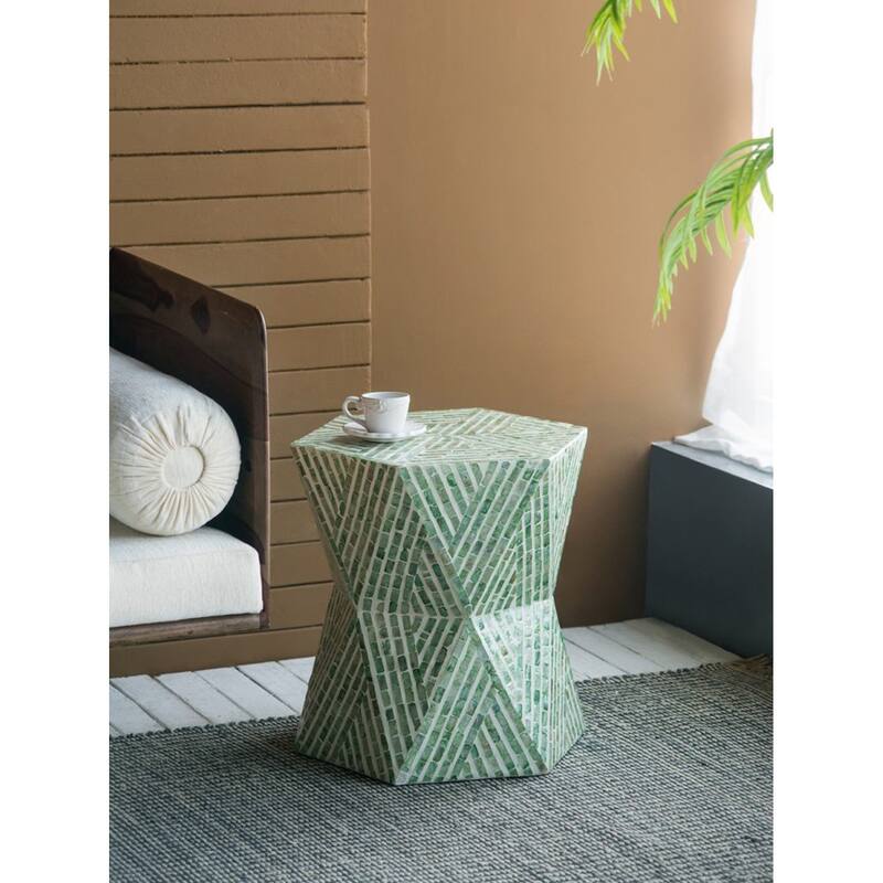 Geometric Capiz Shell Inlay Stool - 19.75" - Green