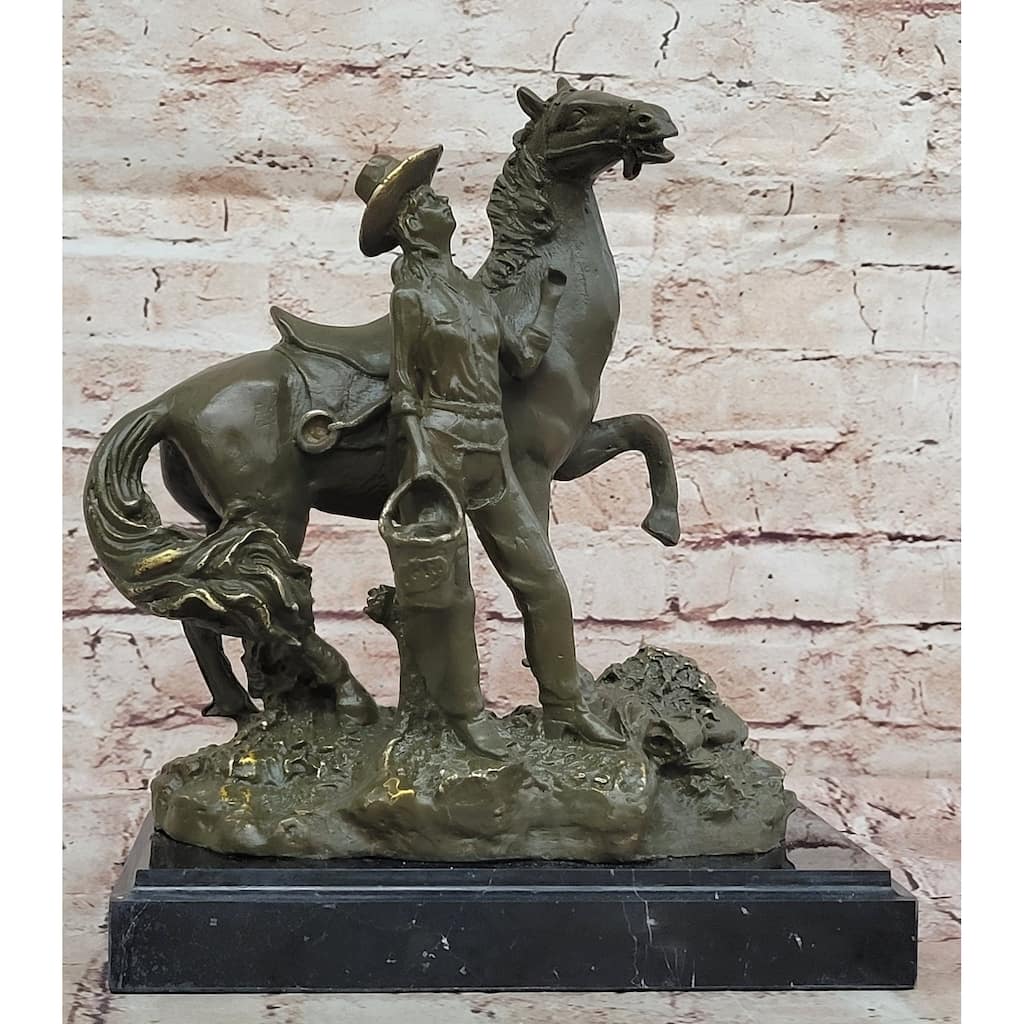 Cowgirl With Rearing Horse Bronze Sculpture - Western Ranch Equestrian Art