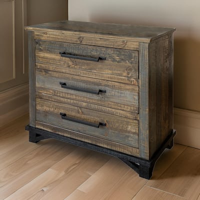 Lint 37 Inch Dresser Chest Pine Wood 3 Gliding Drawers Gray and Brown
