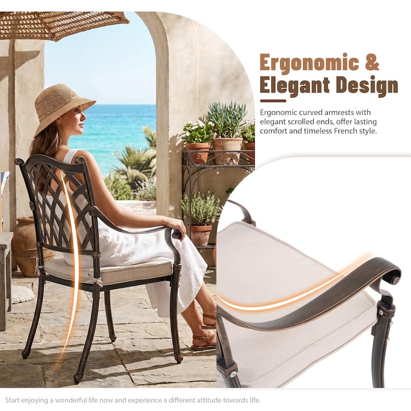 Outdoor Dining Chairs Bronze Cast Aluminum French European Inspired Design with Cushion Set of 2