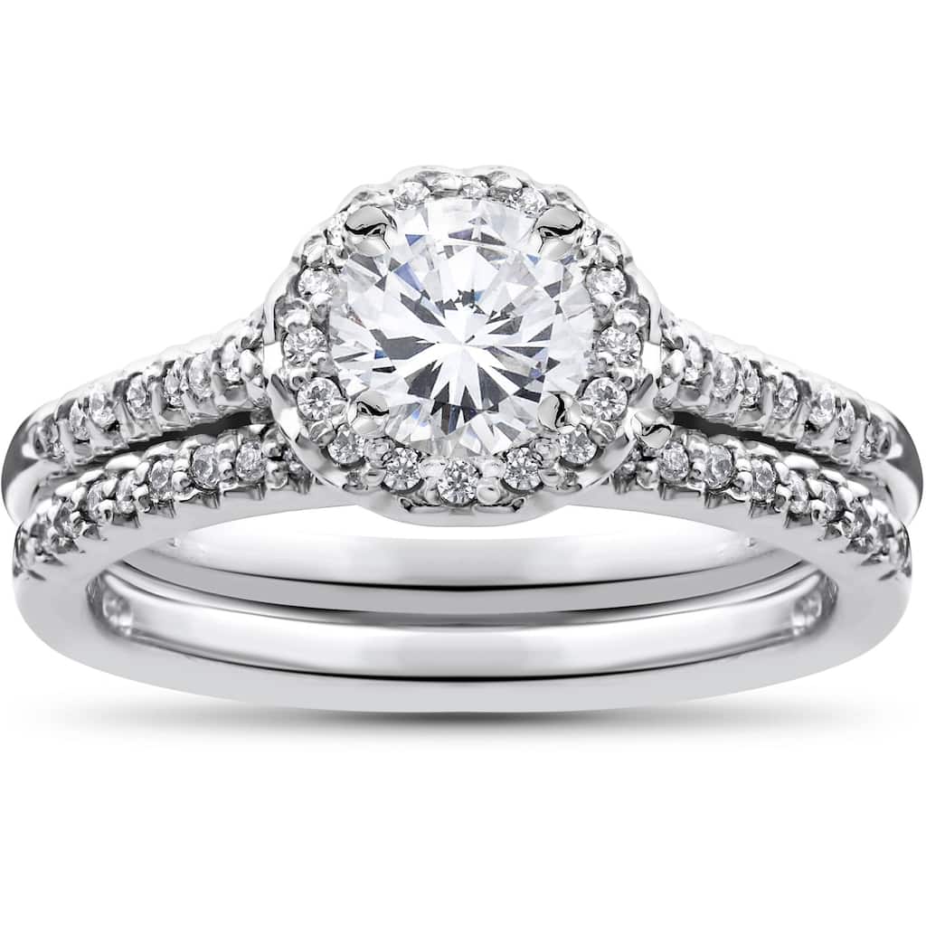 3/4ct Halo Diamond Engagement Wedding Ring Set White Gold
