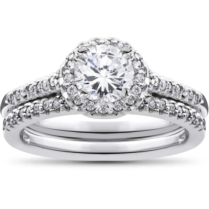 Bliss Diamond 3/4ct Halo Diamond Engagement Wedding Ring Set White Gold - 10