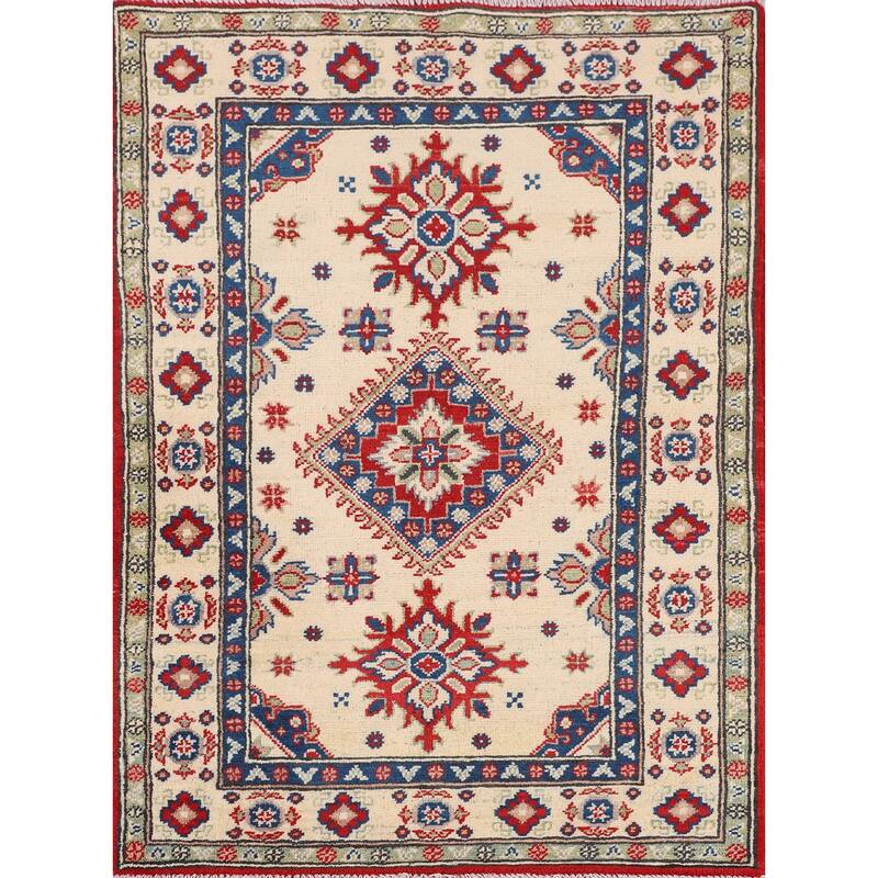 Beige / Ivory Geometric Kazak Accent Rug Hand-Knotted Wool Carpet - 2'9" x 3'10"