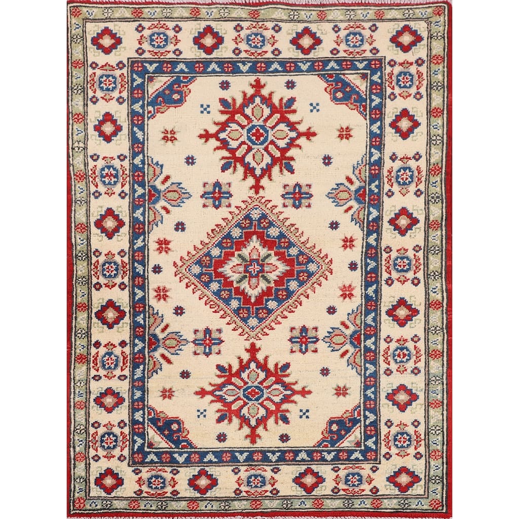 Beige / Ivory Geometric Kazak Accent Rug Hand-Knotted Wool Carpet - 2'9" x 3'10"
