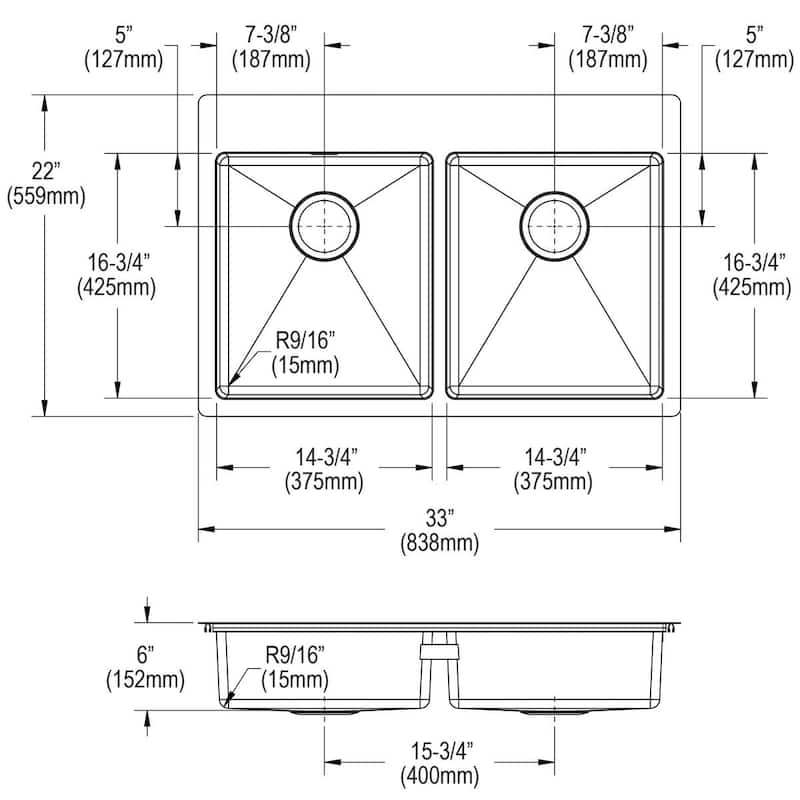 Crosstown 18 Gauge Stainless Steel 33" x 22" x 6", Equal 0-Hole Double Bowl Dual Mount ADA Sink