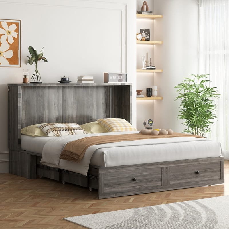 Mixoy Modern Queen Size Murphy Bed with 4.7''Mattress,USB ports,Storage Drawers