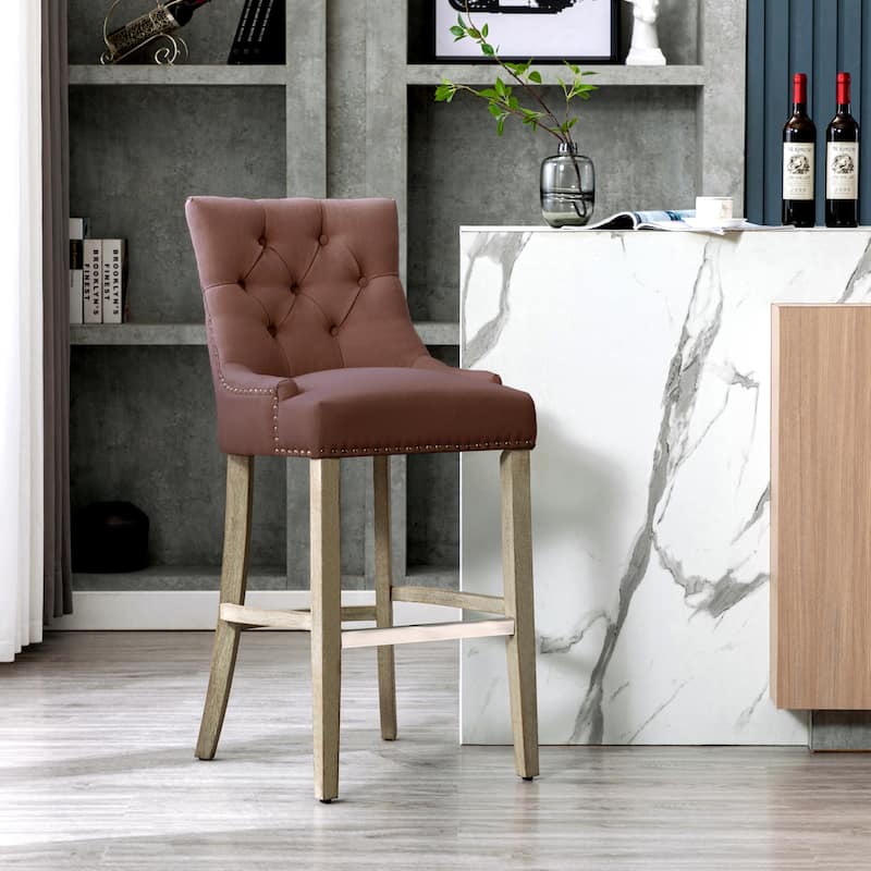 Carter 29" Upholstered Button Tufted Bar Stool, Antique Gray Legs - Brown