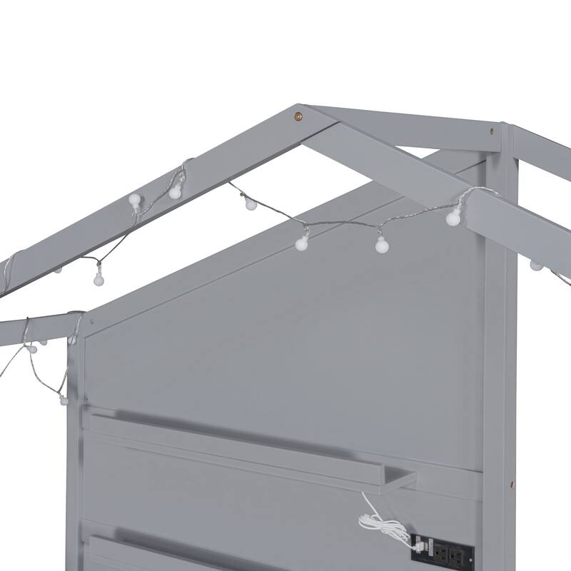 Twin Size House Bed with Upholstered Sofa, House Bed with Charging Station,Gray